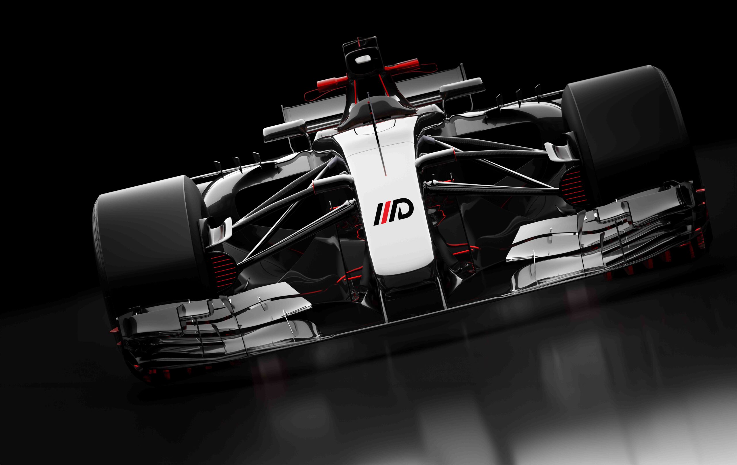 Fast F1 car on black background. Formula one racing sportscar. 3D illustration.